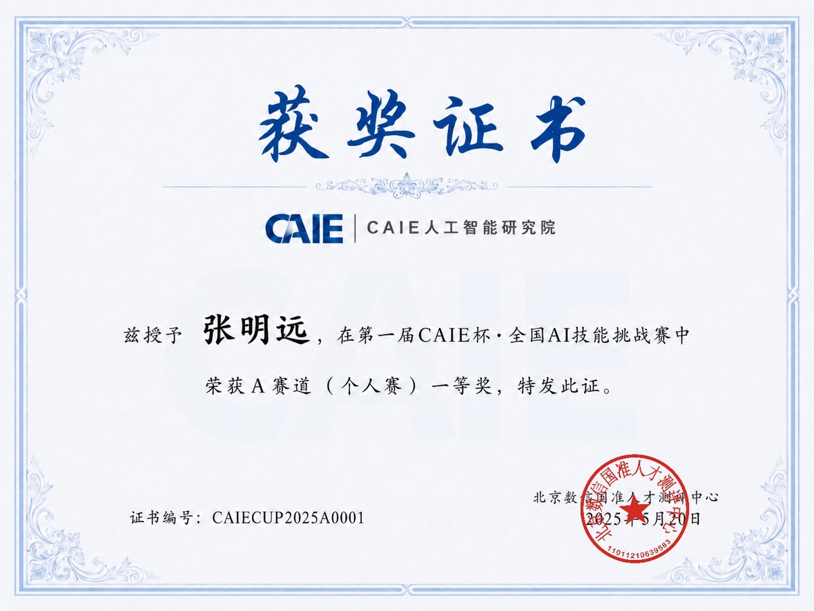 CAIE杯一等奖荣誉证书样式
